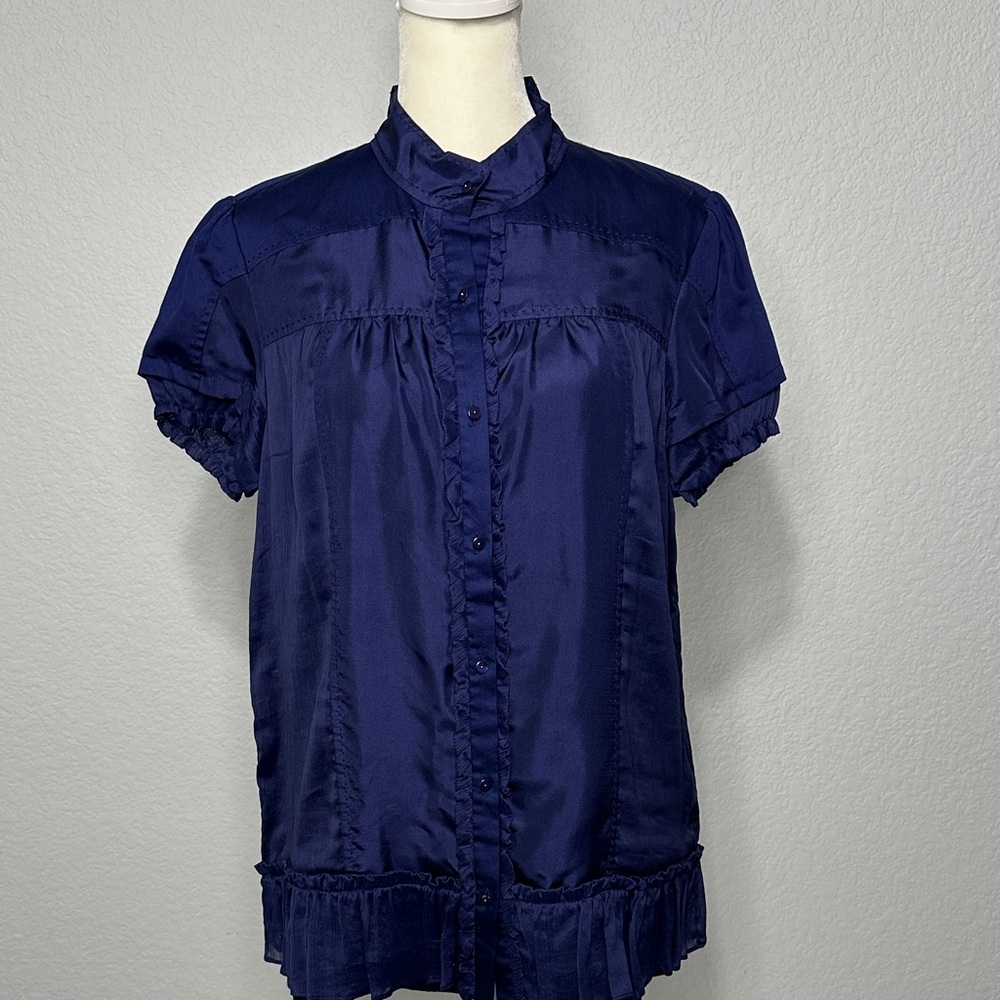 Diane Von Furstenberg Silk Navy Short-Sleeve Ruffle-Trim Button Blouse 6